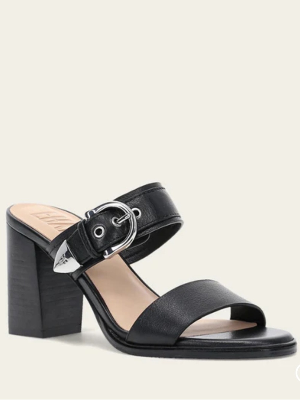 Black Leather Block Heel Slide Sandals with Western Buckle